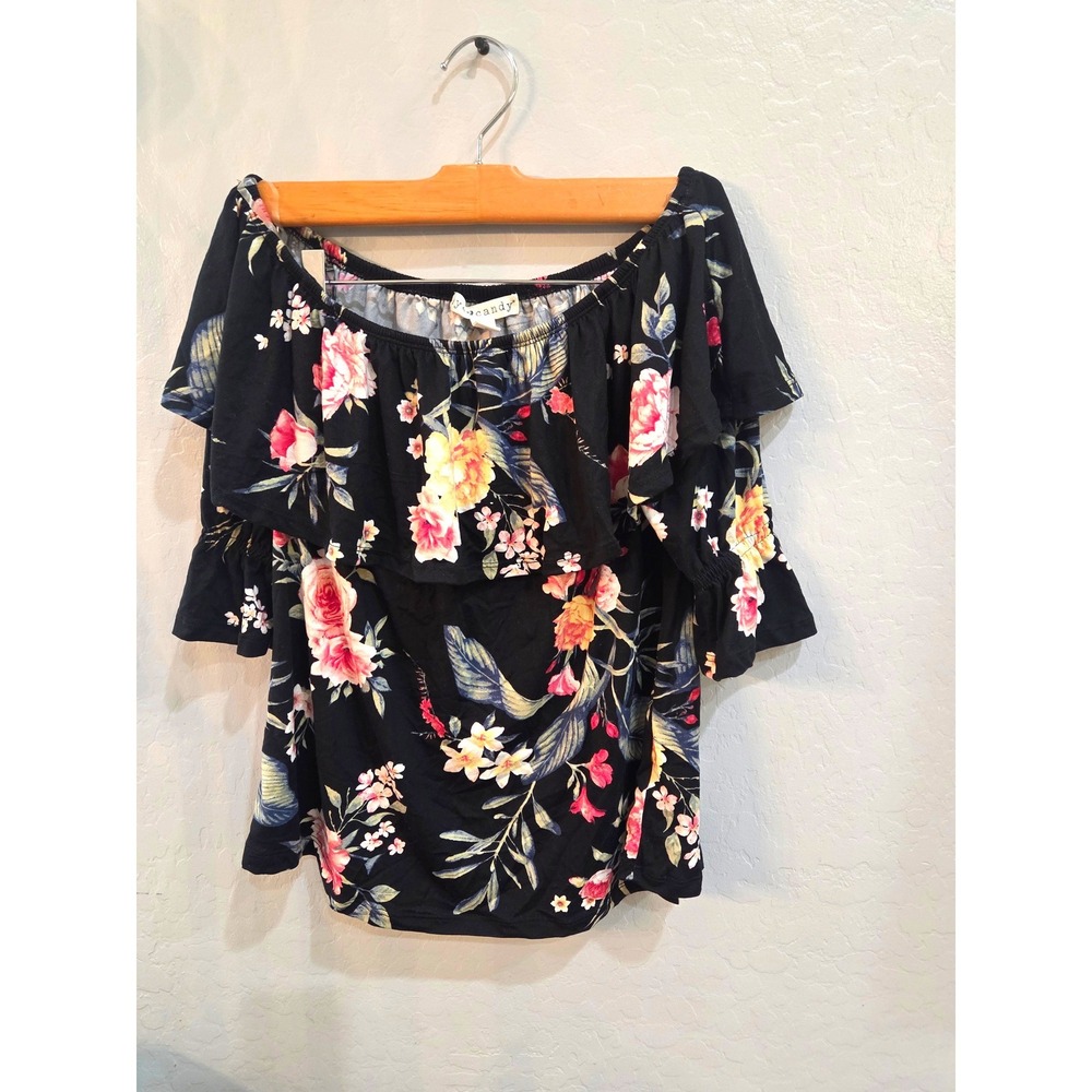 Eye Candy Womens Black Floral Off The‎ Shoulder Ruffle Blouse Top Size Small
